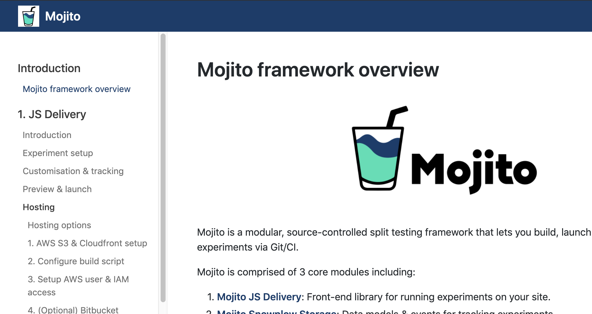 Docs site screenshot for building A/B tests with the Mojito split testing framework.